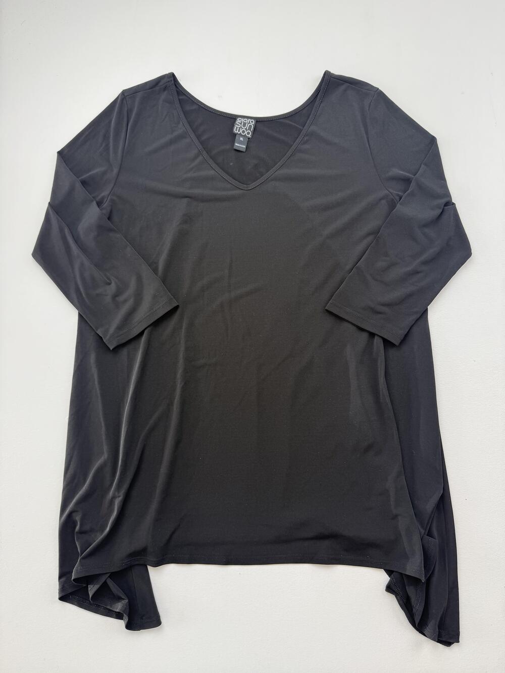 Clara Sunwoo Blouse Womens XL Black V Neck 3/4 Sleeve Jersey Tunic Top USA Read